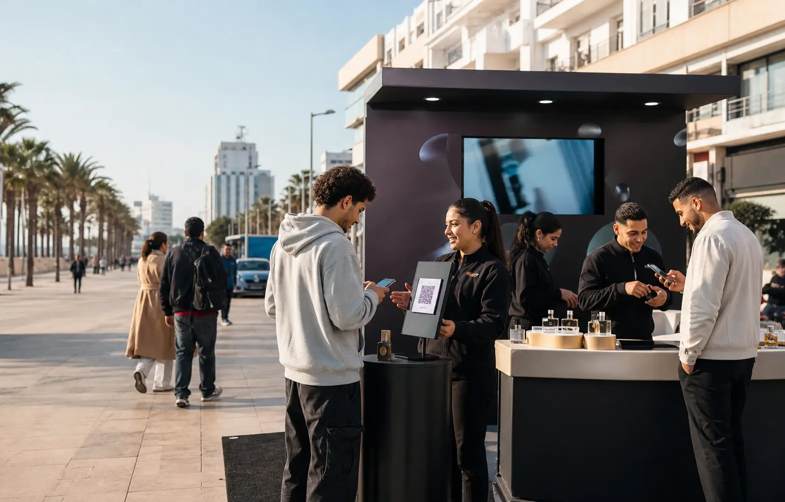 Activation street marketing phygital avec stand, QR code et ambassadeurs de marque