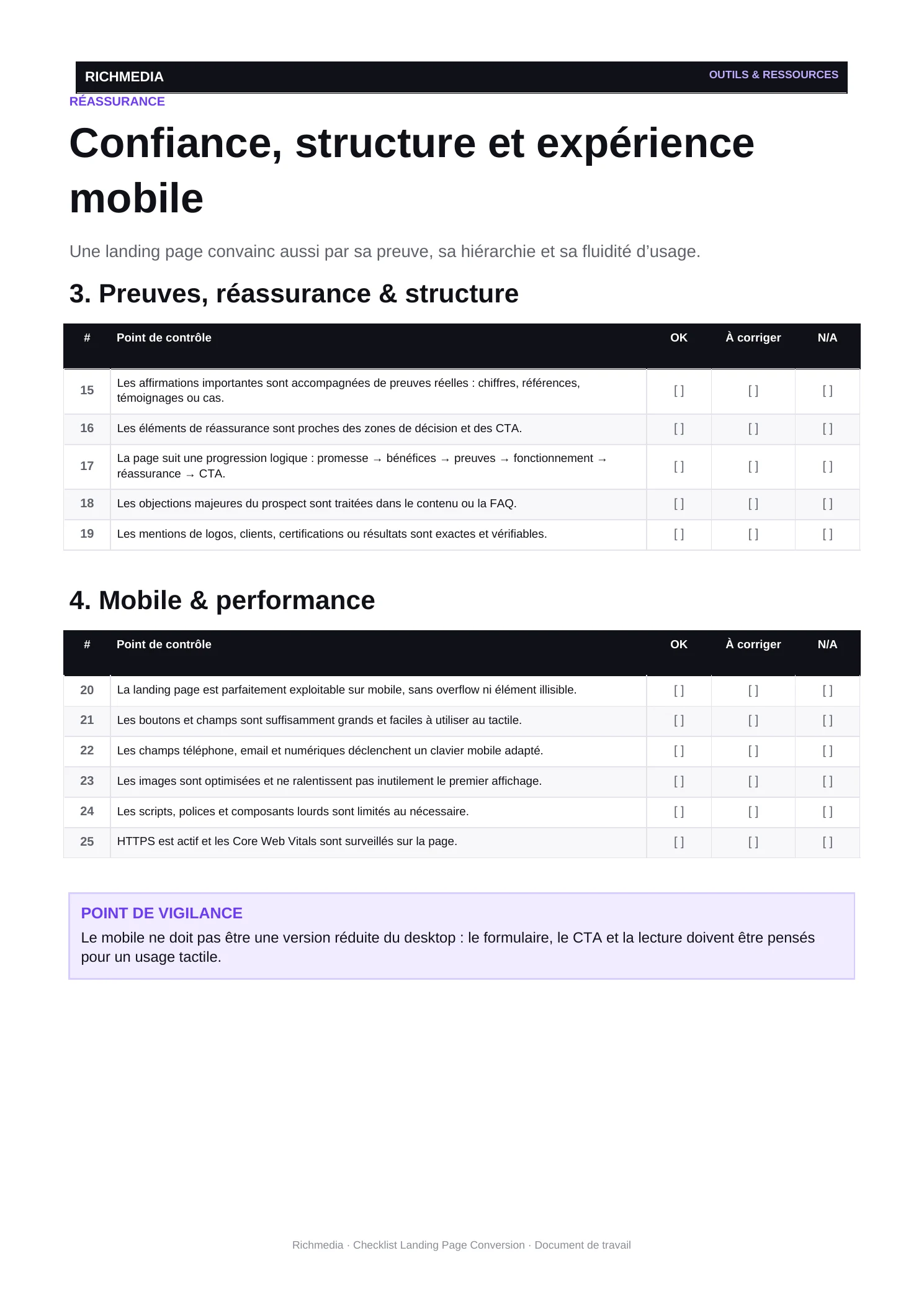 Page réelle preuves mobile et performance du PDF checklist landing page Richmedia