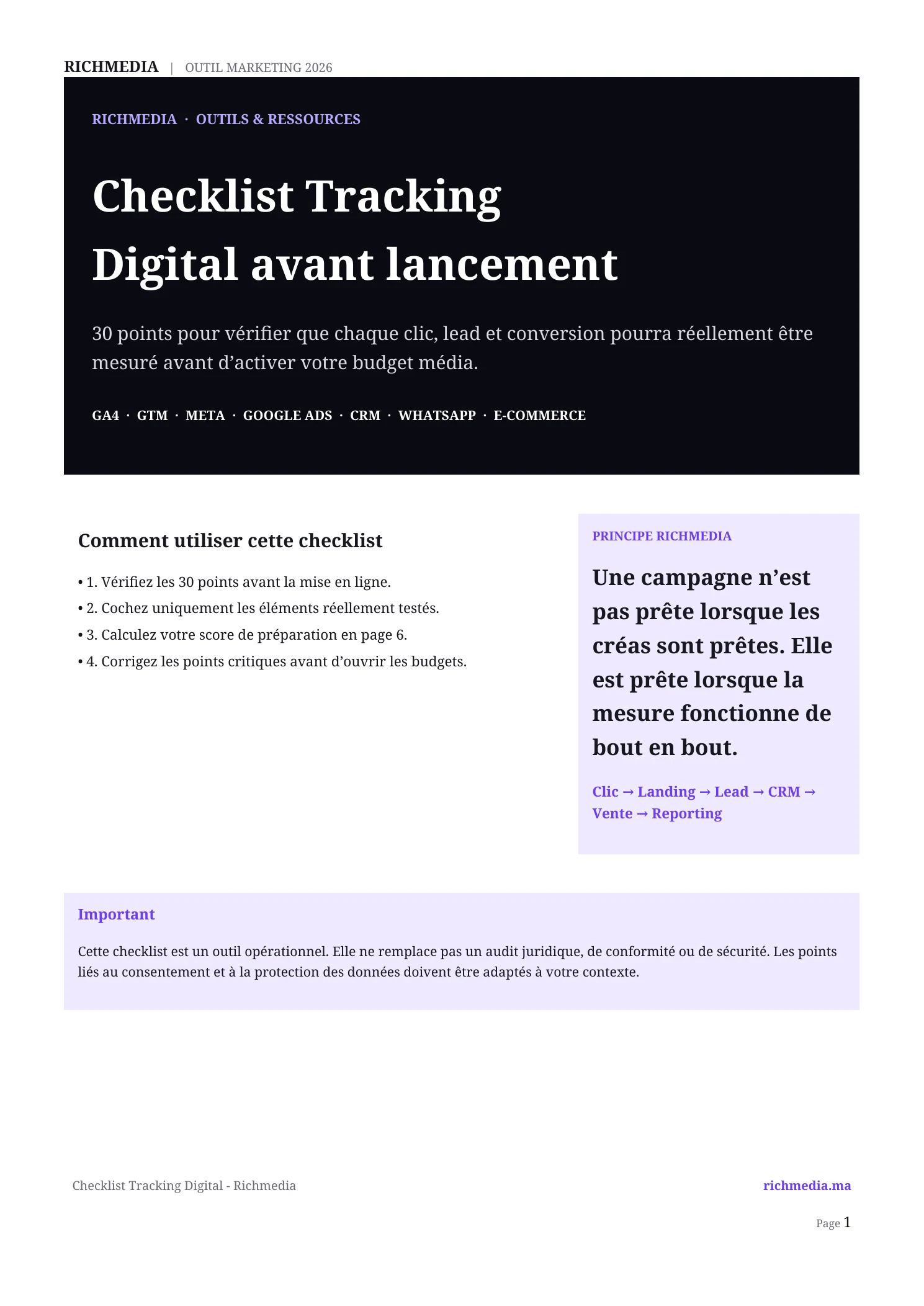 Première page réelle du PDF checklist tracking digital Richmedia