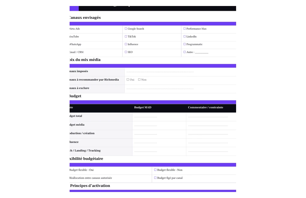 Extrait réel de la page canaux et budget du template brief Richmedia